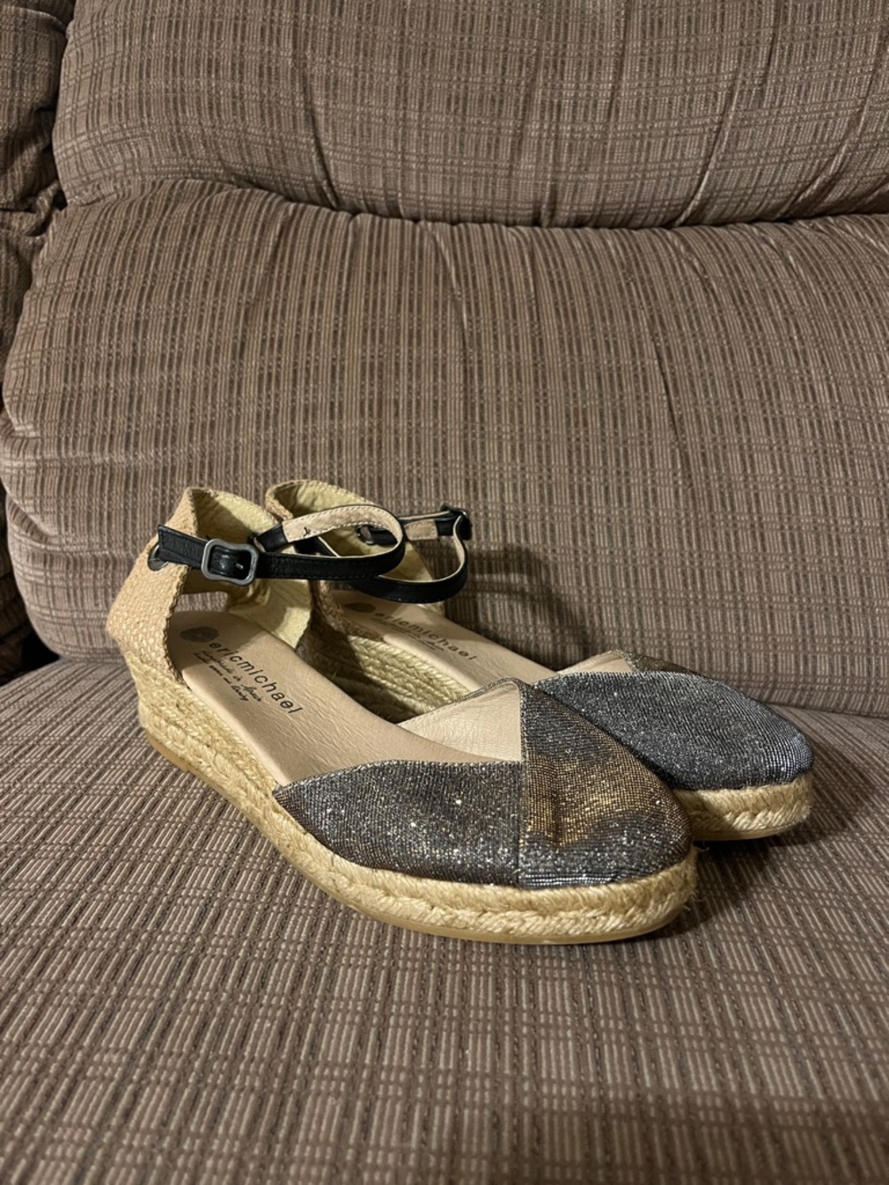 Eric Michael Metallic Charcoal & Gold Espadrille Wedge with Black Ankle Strap